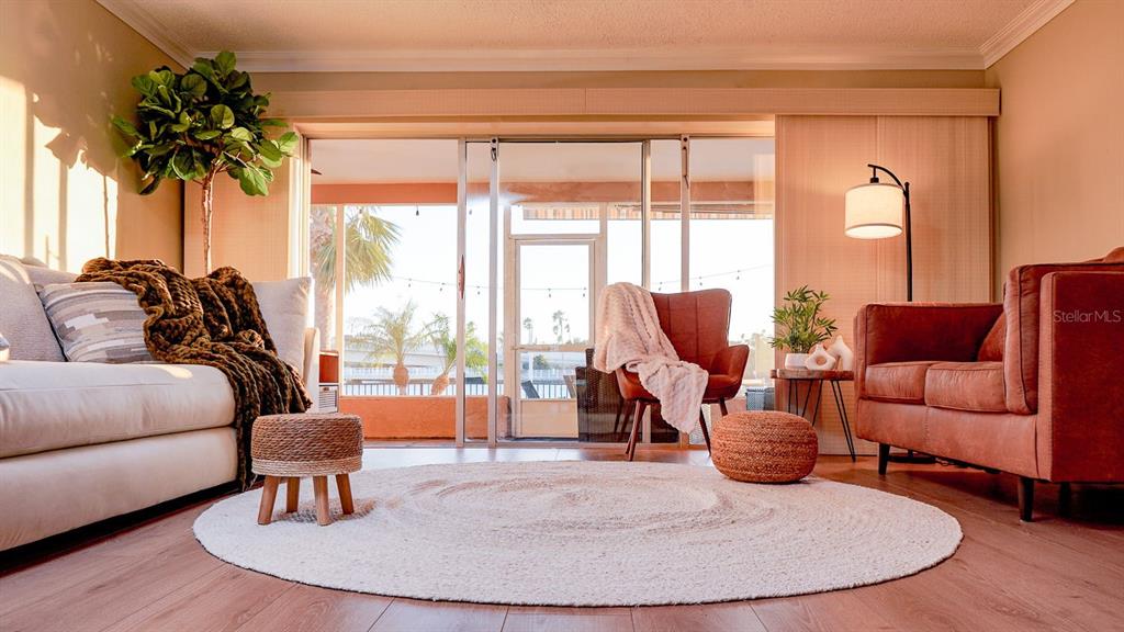 A living room features a white sofa, leather armchair, round rug, and sliding glass doors — 3606 BELLE VISTA DRIVE E, ST PETE BEACH, FL