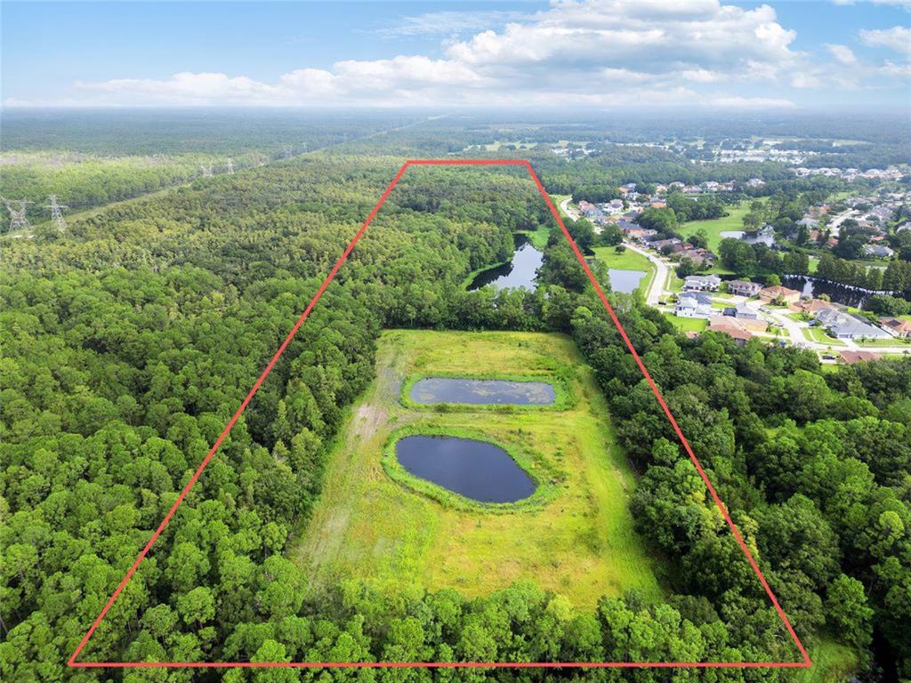 An aerial view shows a large, rectangular plot of land featuring two ponds and trees — UNPLATTED, ODESSA, FL