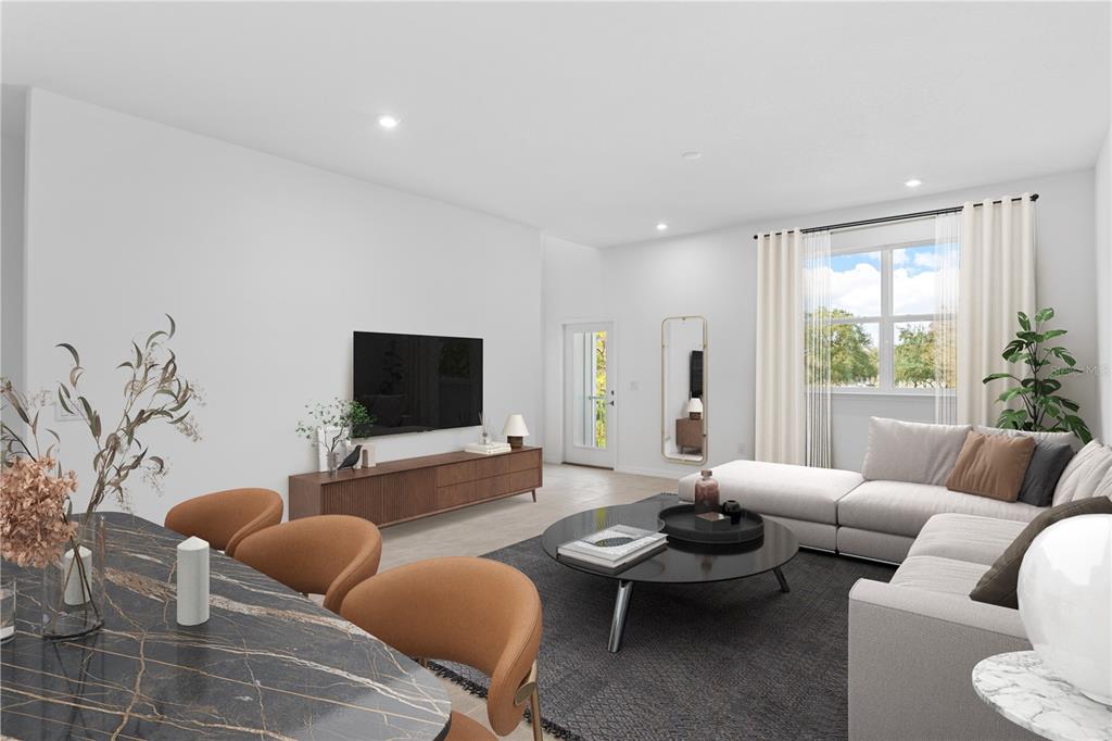 This rendering shows an open-concept living and dining area with modern furniture and neutral decor — 9924 TATE LANE, WESTCHASE, FL