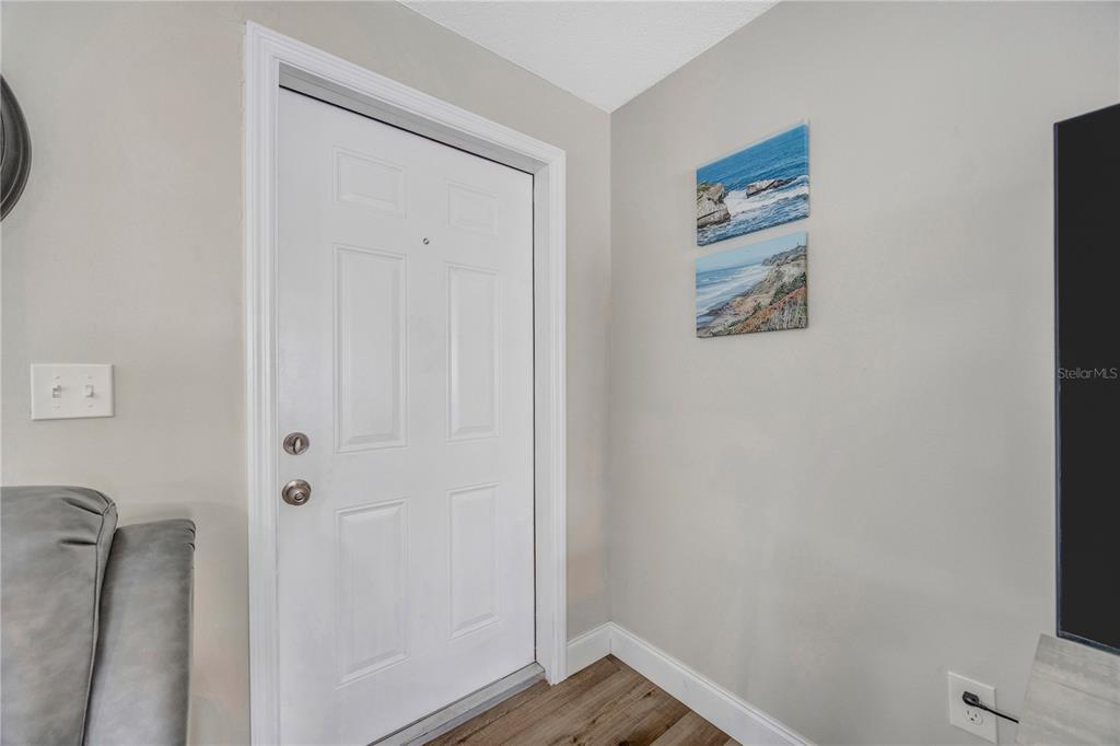 A white front door is set against light gray walls with two coastal wall art pieces — 2155 EDYTHE DR, DUNEDIN, FL