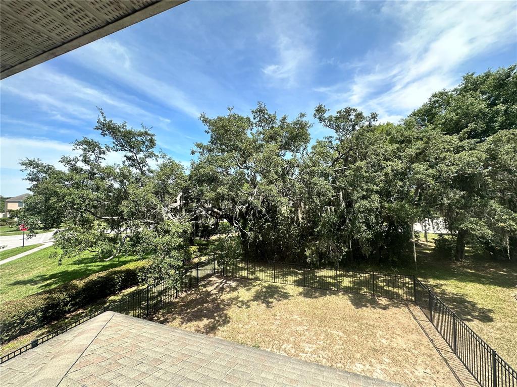 An elevated view of a fenced backyard with large trees and a shingled roof — 13850 TRULL WAY, HUDSON, FL
