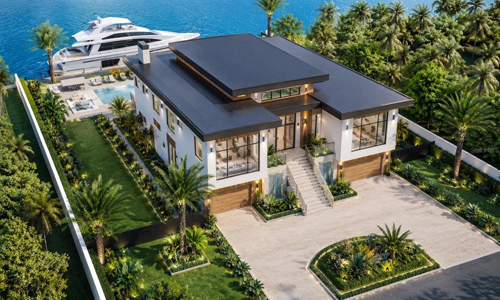 A rendering of a modern two-story waterfront home with a pool and a docked yacht — 1386 TANGIER WAY, SARASOTA, FL