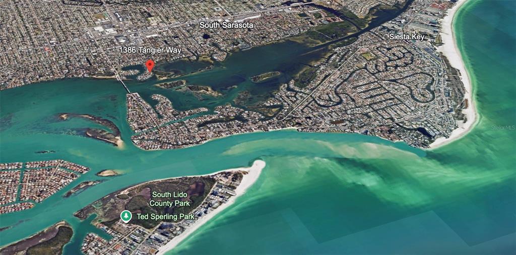 This aerial map shows the location of a property near South Lido County Park — 1386 TANGIER WAY, SARASOTA, FL