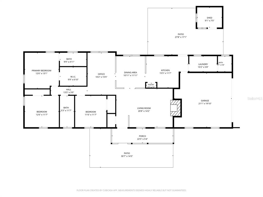 This is a floor plan of a single-story house featuring three bedrooms, a garage, and patios — 12854 SE 118TH TERRACE, OCKLAWAHA, FL