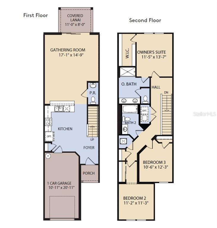 This image is a two-story floor plan showing a garage, kitchen, gathering room, and bedrooms — 5005 SUNRISE ESTATE DRIVE, WEST MELBOURNE, FL