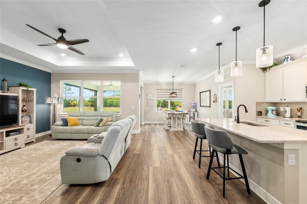 An open-concept living room and kitchen feature wood-look flooring, a tray ceiling, and island seating — 9407 SW 52ND LOOP, OCALA, FL