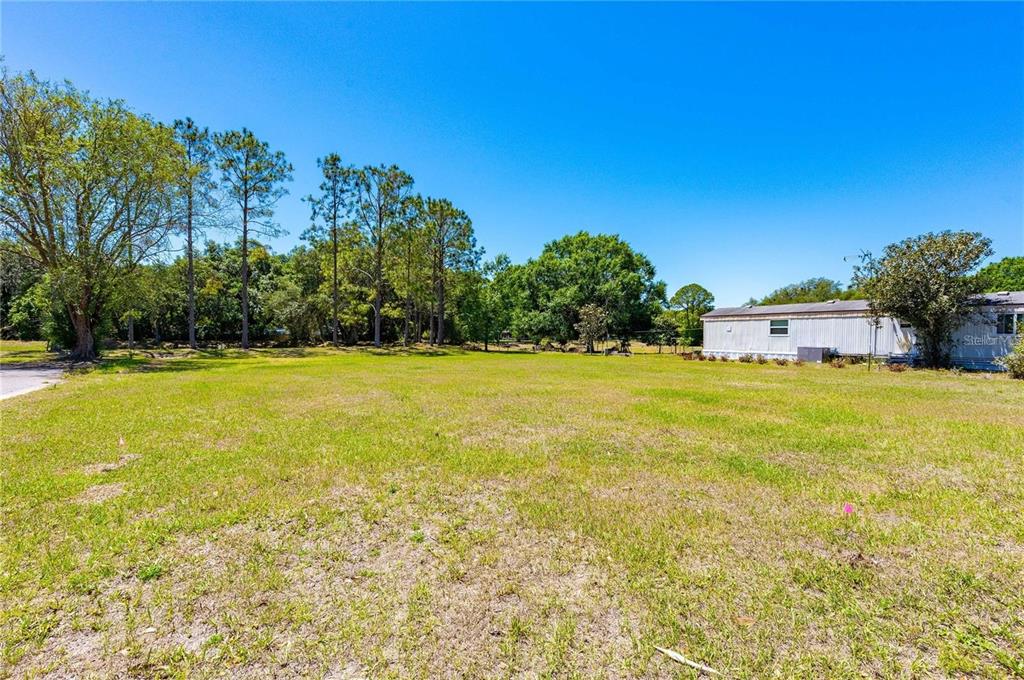 A large, grassy vacant lot features scattered trees and a mobile home in the background — CHRIS DR., WESLEY CHAPEL, FL