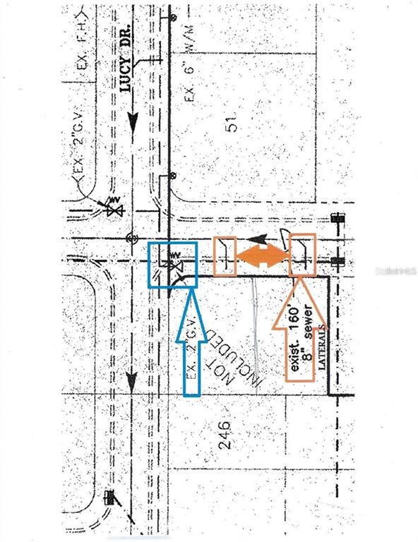 This is a utility map showing existing water and sewer lines along a street — CHRIS DR., WESLEY CHAPEL, FL