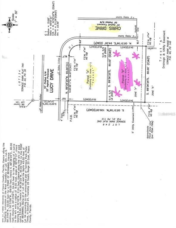 This is a property survey map showing the boundaries and dimensions of two vacant parcels — CHRIS DR., WESLEY CHAPEL, FL