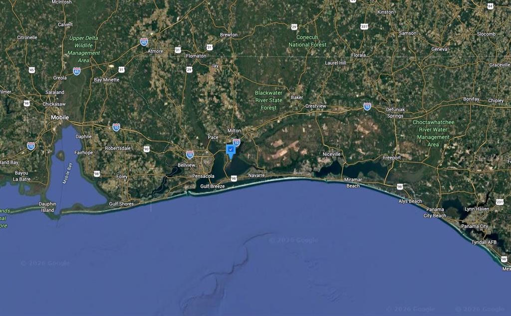 This is a satellite map showing the coastal region between Mobile, Alabama and Panama City, Florida — 6339 GREY HERON DRIVE, MILTON, FL