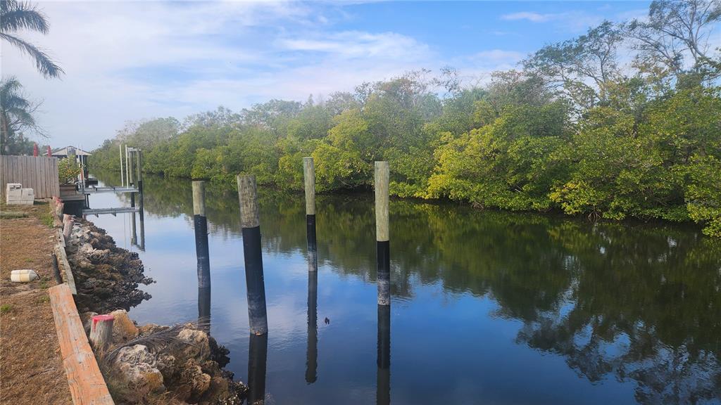 A canal view shows a wooden bulkhead, several pilings, and dense mangroves along the bank — 3203 W SHELL POINT ROAD, RUSKIN, FL