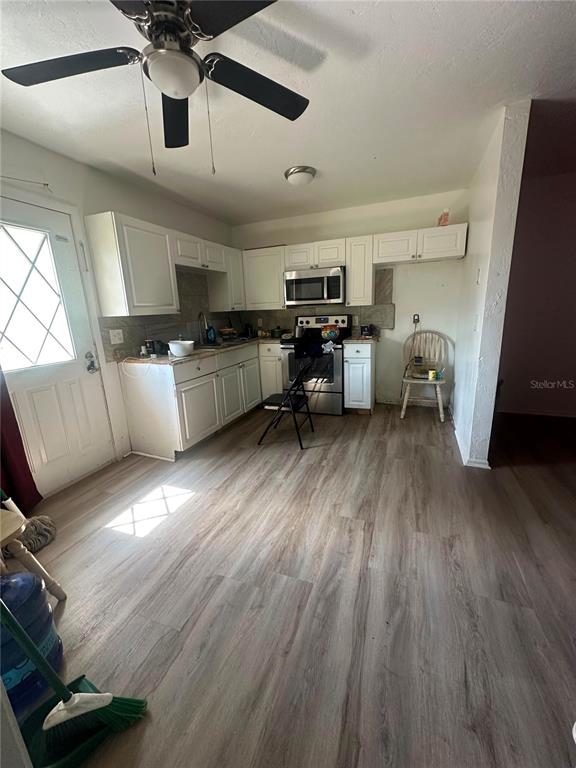 A kitchen features white cabinets, stainless steel appliances, and light wood-look flooring — 1836 SW HARLEM CIRCLE, ARCADIA, FL