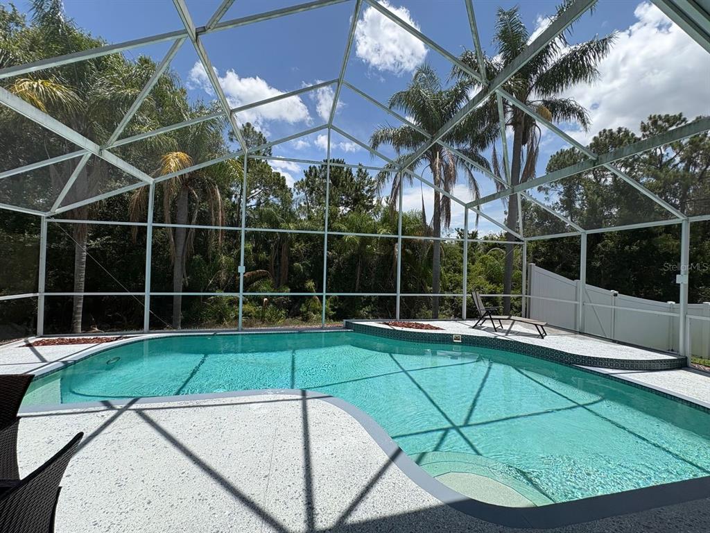 A screened-in swimming pool with a patio area surrounded by palm trees and lush greenery — 2791 PICADILLY CIRCLE, KISSIMMEE, FL