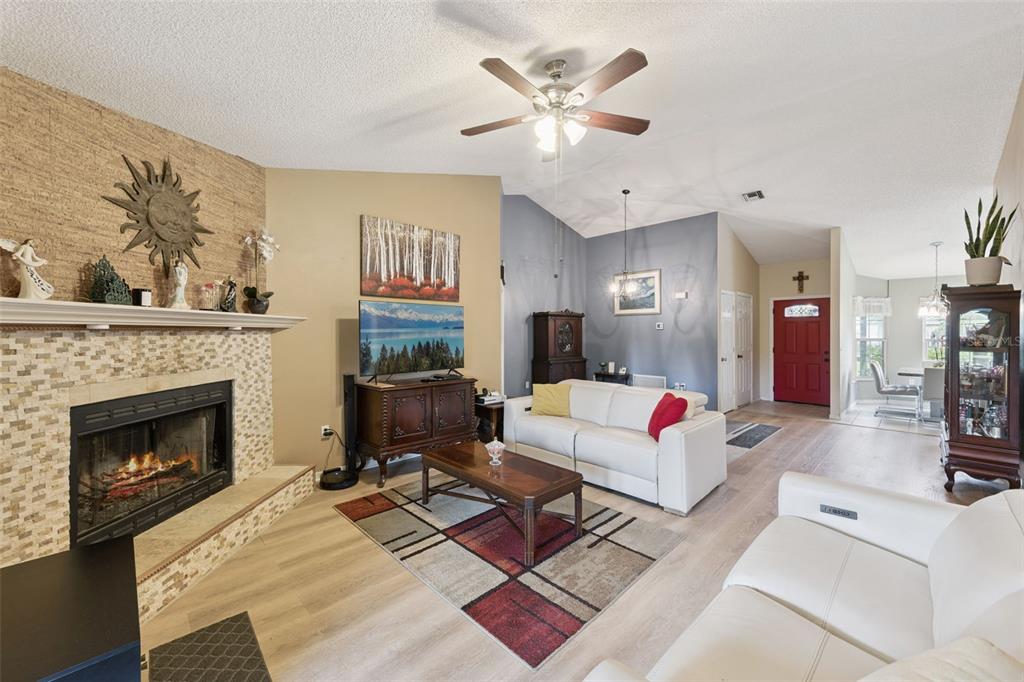 A living room features a fireplace, white sofas, a patterned rug, and a red front door — 30724 FAIRVIEW AVENUE, TAVARES, FL