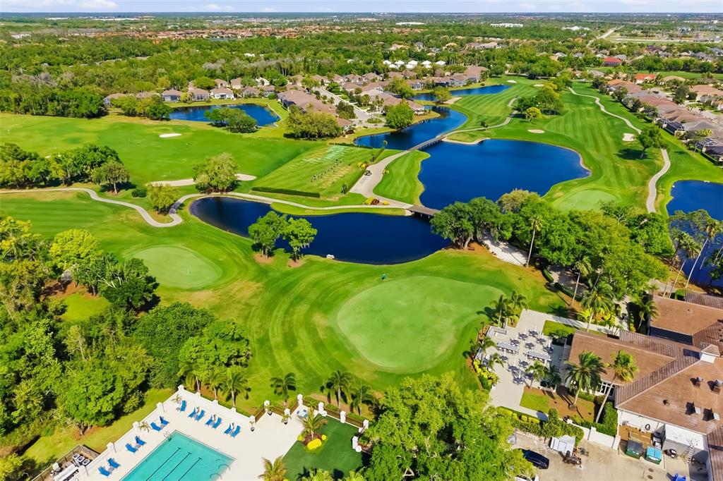An aerial view of a golf course with multiple ponds and a swimming pool — 10107 CARNOUSTIE PLACE, BRADENTON, FL