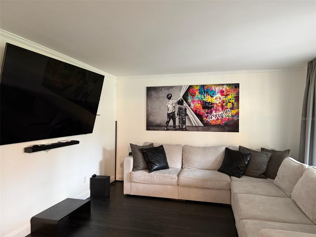 A living room features a large wall-mounted television, a sectional sofa, and graffiti-style wall art — 8004 BELTREES COURT, TEMPLE TERRACE, FL