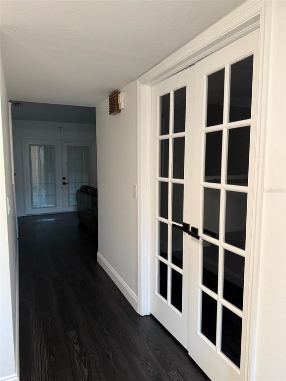 A hallway with dark wood flooring leads to a room with French doors and glass panels — 8004 BELTREES COURT, TEMPLE TERRACE, FL