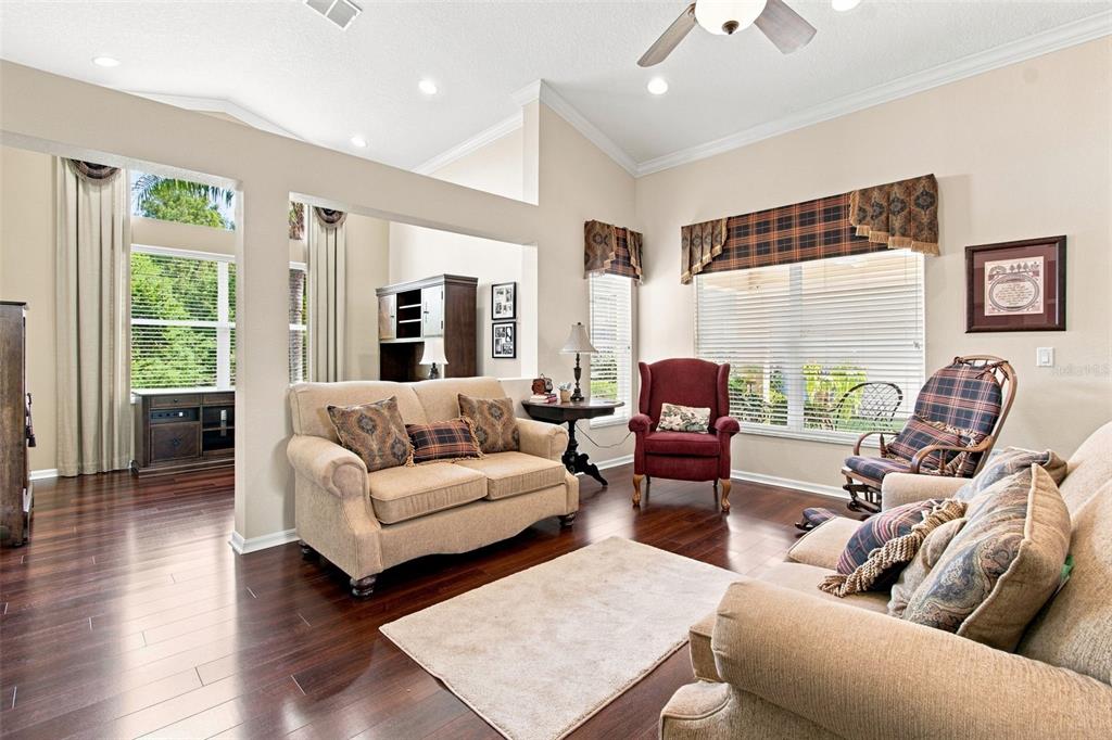 A view from a red front door into a dining room and a long hallway — 23737 ESTERO COURT, LAND O LAKES, FL