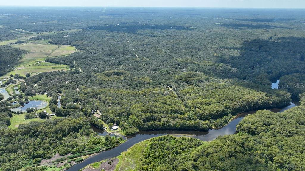 An aerial view shows a winding river flowing through a dense forest with nearby open fields — 7096 E CHANNEL DRIVE, HERNANDO, FL