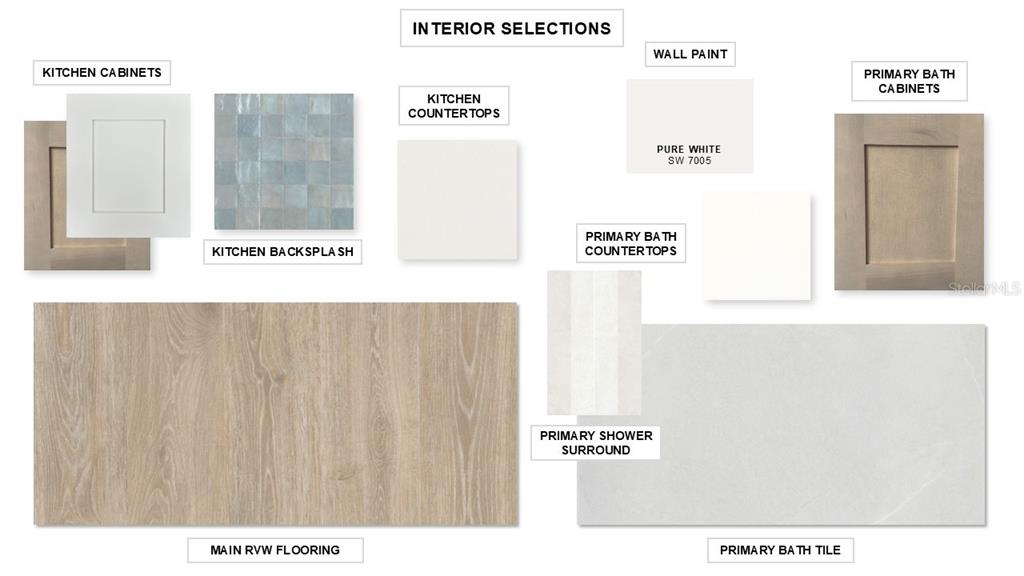 This interior design mood board displays samples of flooring, cabinetry, countertops, tile, and wall paint — 4438 SOUTHERN VALLEY LOOP, BROOKSVILLE, FL