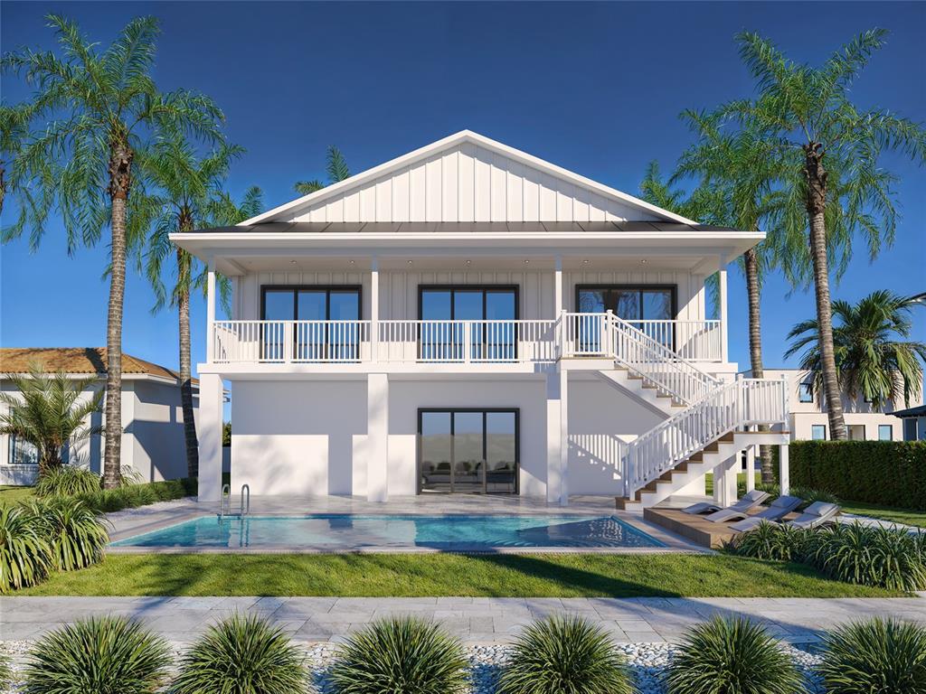 This is a rendering of a two-story house with a pool, balcony, and exterior staircase — 8555 HERON LAGOON CIRCLE, SARASOTA, FL