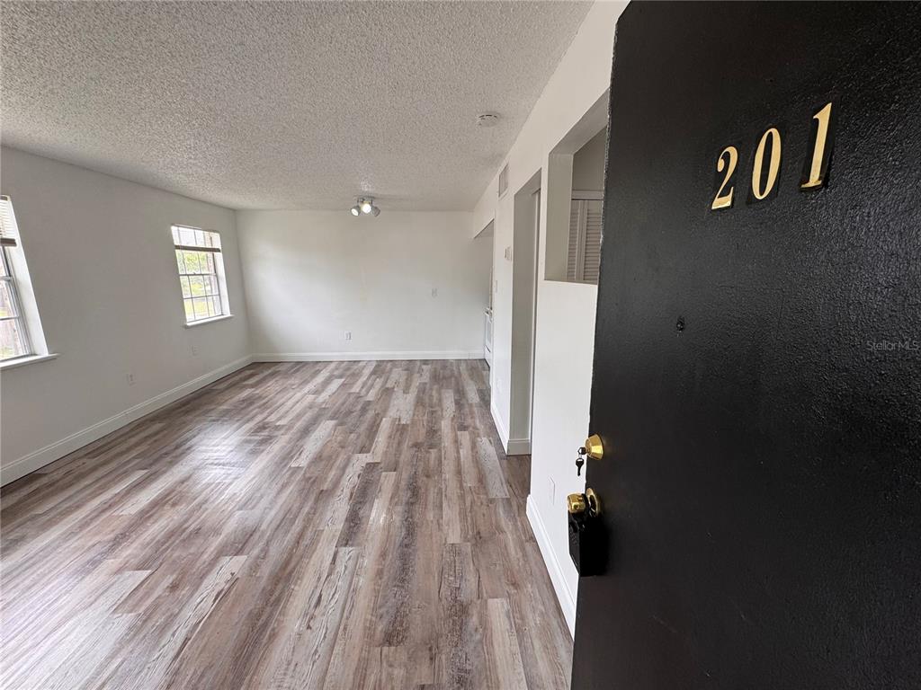 An empty living room features wood-look laminate flooring, white walls, and two windows — 5317 CURRY FORD ROAD UNIT O201, ORLANDO, FL