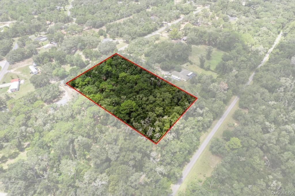 An aerial view shows a rectangular, tree-covered plot of land outlined in red — 4855 N HIGHLAND PARK DRIVE, HERNANDO, FL