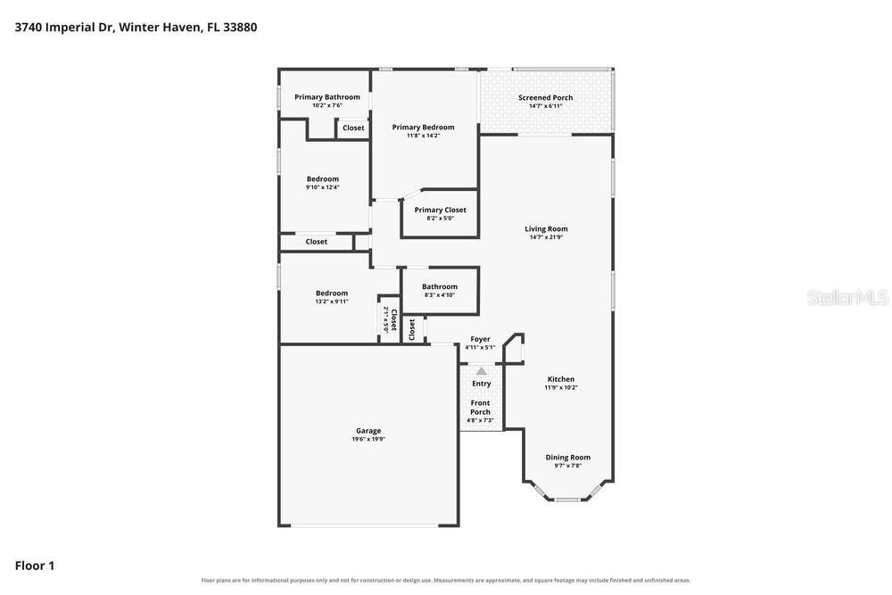 This is a floor plan for a single-story house with a garage and screened porch — 3740 IMPERIAL DRIVE, WINTER HAVEN, FL