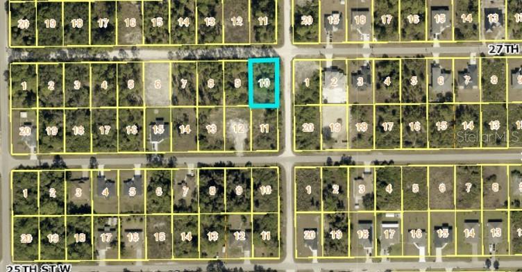 This is an aerial map showing a highlighted vacant lot in a residential neighborhood — 2751 27TH STREET W, LEHIGH ACRES, FL