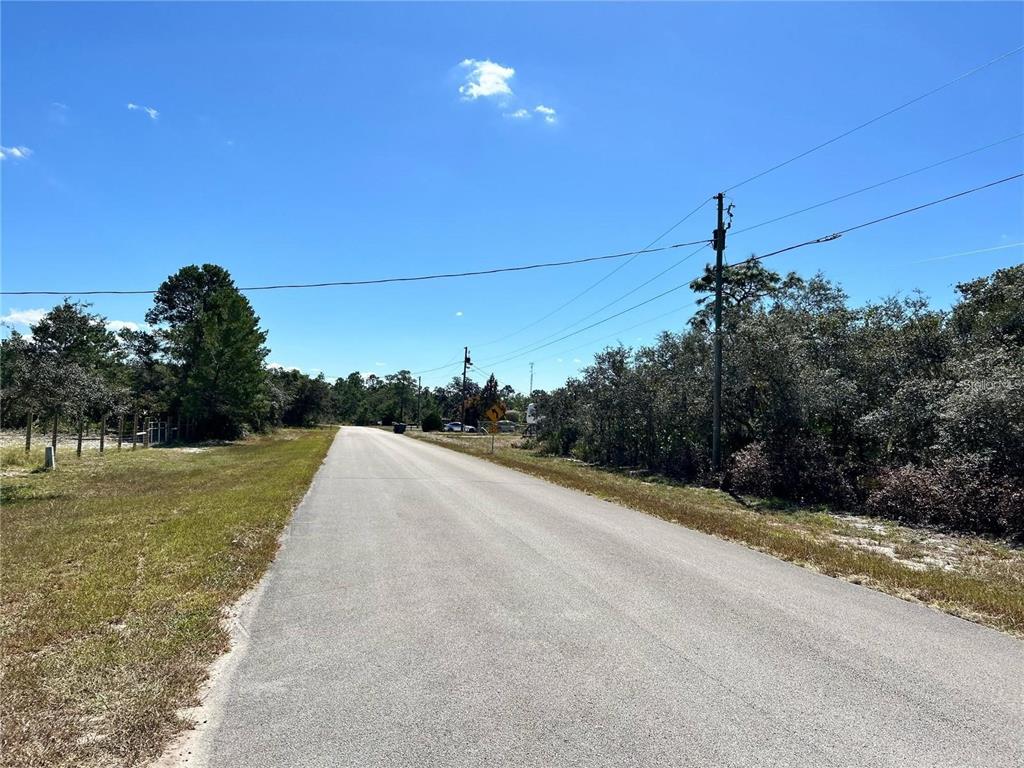 A paved road stretches into the distance, flanked by trees and utility poles under blue skies — WOODSTORK WAY, FROSTPROOF, FL