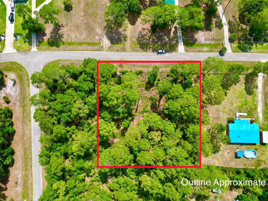 An aerial view shows a rectangular, tree-covered vacant lot outlined in red — 14211 SE 201ST TERRACE, HAWTHORNE, FL