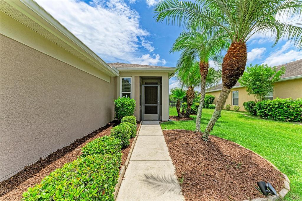 A concrete walkway leads to a screened front entryway beside a tan house and palm trees — 5706 106TH AVENUE E, PARRISH, FL