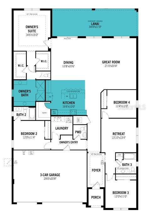 This is a floor plan for a single-story house featuring a three-car garage and lanai — 11965 STARBRIGHT PATH, VENICE, FL