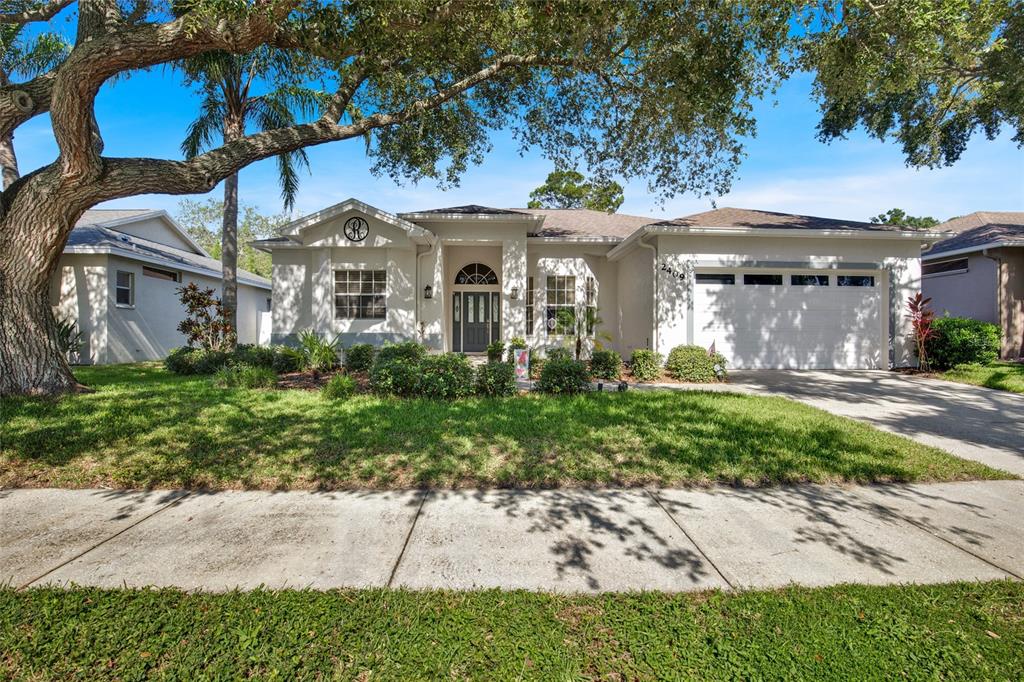 A single-story house with a white exterior, a two-car garage, and a large oak tree — 2409 DANA DRIVE, SAFETY HARBOR, FL