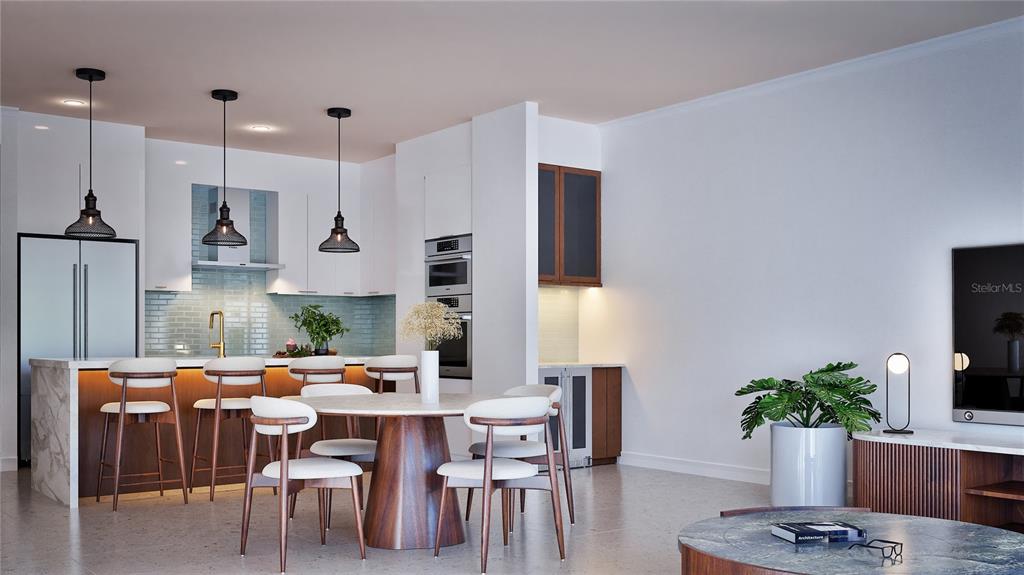 This rendering shows a modern kitchen and dining area with white cabinets and wood accents — 211 SKIFF POINT UNIT 2B, CLEARWATER, FL