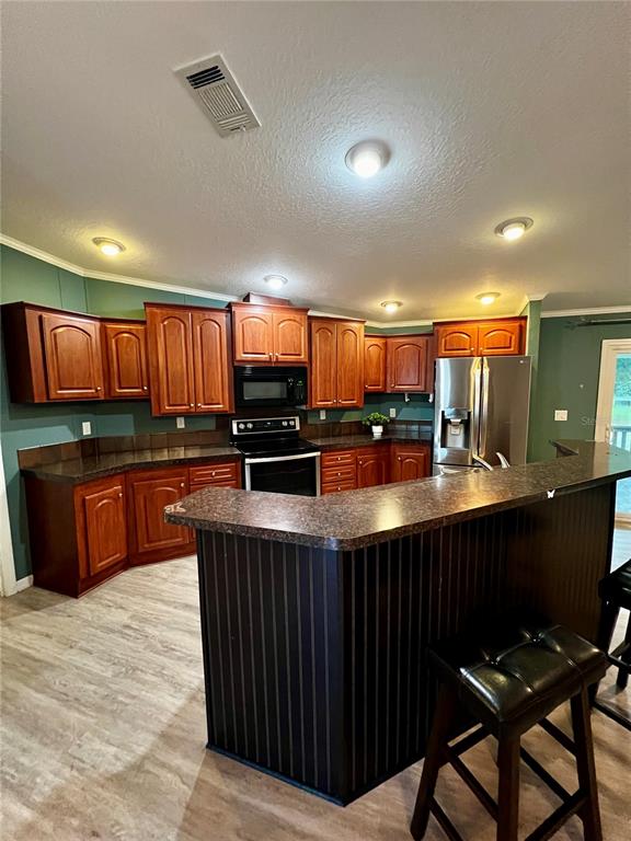 A kitchen features wood cabinets, dark countertops, a breakfast bar, and stainless steel appliances — 113 SABRINA LN, PALATKA, FL