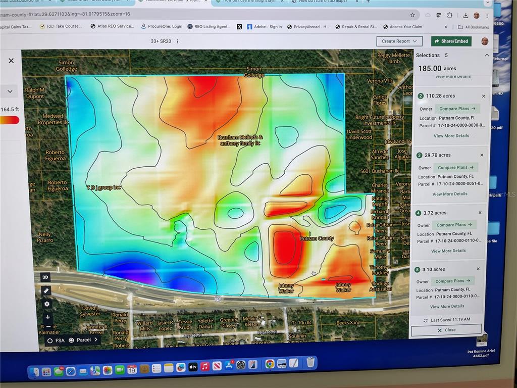 This is a digital map showing property parcel boundaries and topographical elevation data — 00 SR 20, INTERLACHEN, FL