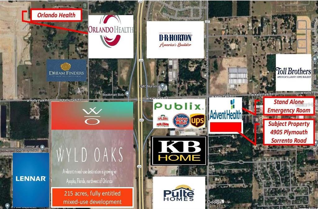 This map shows the location of a property surrounded by various commercial and residential developments — 4905 PLYMOUTH SORRENTO ROAD, APOPKA, FL