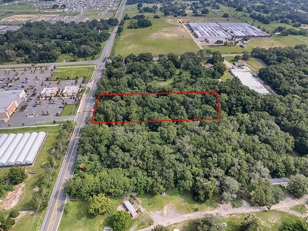 An aerial view shows a rectangular plot of land outlined in red amidst dense trees — 4905 PLYMOUTH SORRENTO ROAD, APOPKA, FL