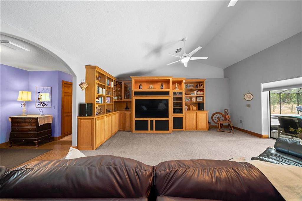 A living room features built-in wooden shelving, a large television, and a vaulted ceiling — 13456 W HIGHWAY 318, WILLISTON, FL