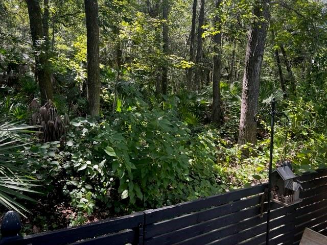 A black wooden fence overlooks a dense, wooded area with various trees and green foliage — 5781 AUTUMN CHASE CIRCLE, SANFORD, FL