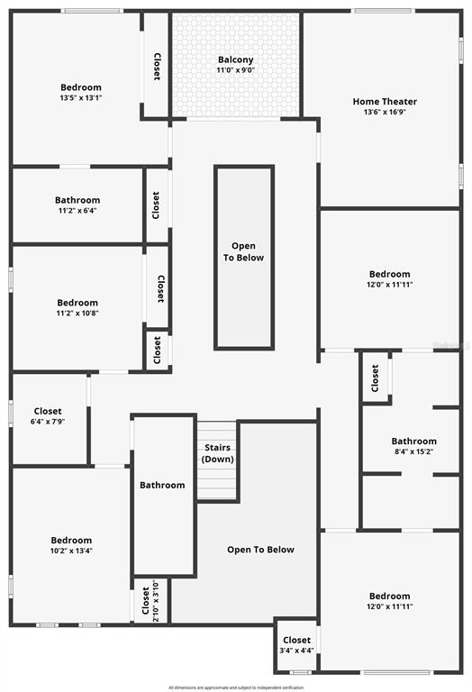 This is a floor plan of a multi-bedroom residential upper level with a central balcony — 6530 SIMONE SHORES CIRCLE, APOLLO BEACH, FL