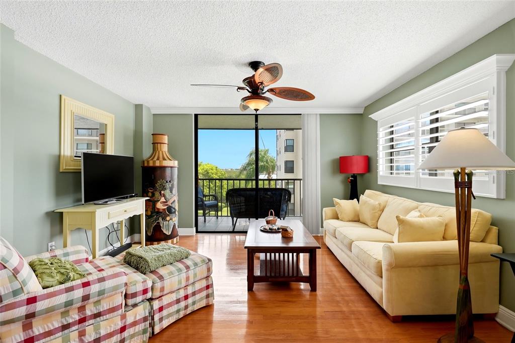 A living room features light green walls, hardwood floors, a beige sofa, and a balcony view — 1328 PASADENA AVENUE S UNIT 308, SOUTH PASADENA, FL