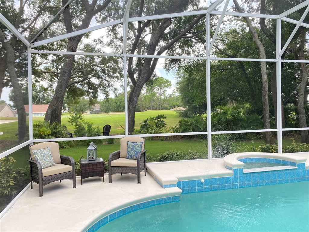 An aerial view shows a house with a shingled roof and a screened-in swimming pool — 8052 LAUREL RIDGE DRIVE, MOUNT DORA, FL