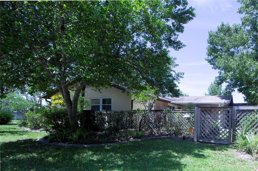 A single-story house with a lattice fence and large trees in the front yard — 8609 HORIZON LANE, HUDSON, FL