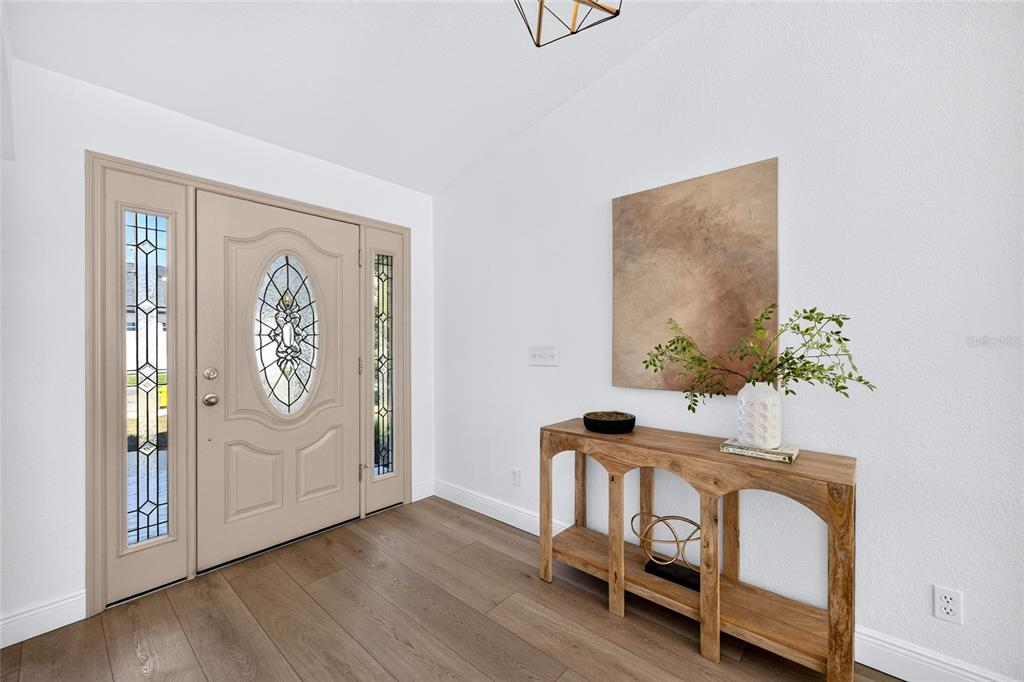 An entryway features a light-colored front door with glass inserts, wood flooring, and a console table — 2001 N LINCOLN AVENUE, TAMPA, FL