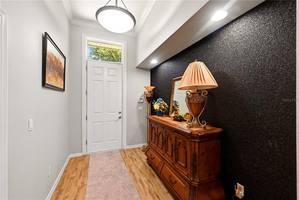An entryway features a white front door, wood-look flooring, and a black textured accent wall — 746 COUNTRY LANE, ORLANDO, FL