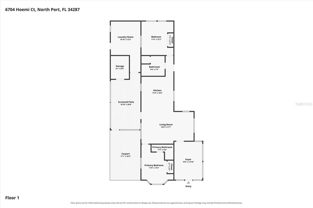 This is a floor plan for a single-story house with a carport and screened patio — 6704 HOEMI COURT, NORTH PORT, FL