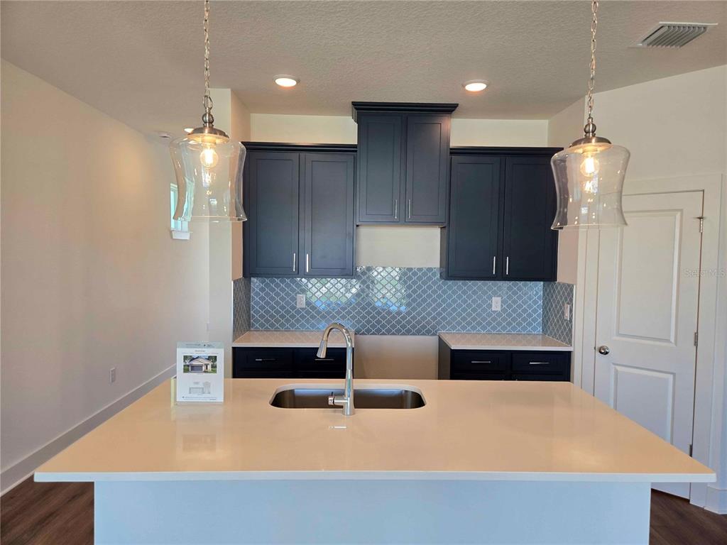 A kitchen features a white island, dark cabinets, a patterned backsplash, and two pendant lights — 3819 DAYBREAK RUN LOOP, SPRING HILL, FL