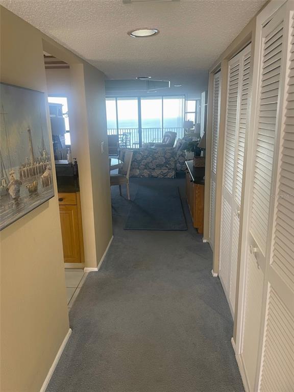 A hallway with carpeted floors leads toward a living area with a view of the ocean — 1290 GULF BOULEVARD UNIT 901, CLEARWATER, FL
